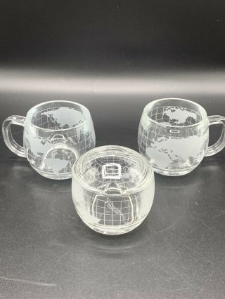 Vtg 1970s Nestle Nescafe Clear Etched Glass World Globe Sugar Bowl W/lid & Mugs