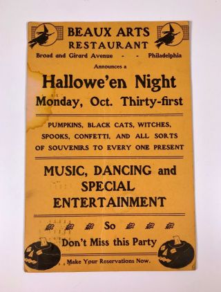 Vintage 1921 Halloween Beaux Arts Restaurant Philadelphia Post Card Advertising