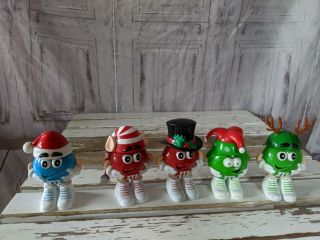 Vintage M&m’s Mini Candy Dispenser In Hats Set Of 5 Plastic Christmas Figurines