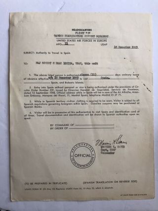 United States Air Forces In Europe 1953 Leave Orders To Spain Document Signed