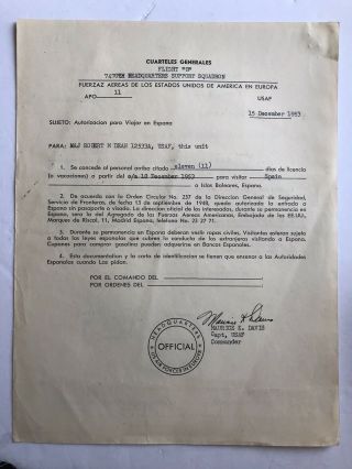 United States Air Forces In Europe 1953 Leave Orders To Spain Document Signed 3