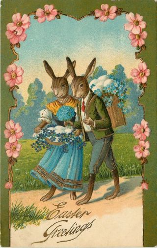 Embossed Easter Postcard; Dressed Rabbit Couple W Eggs & Flowers,  Ser.  325