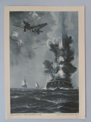 Wwii German Print A Stuka Bombing English Battleship Off Of Narvik