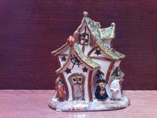 Ceramic Haunted House With A Witch,  Ghost & Jack O Lantern Tealight Holder