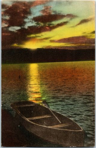 Postcard Ct Sunset On Lake Pocotopaug East Hampton Connecticut Hand Colored 1939