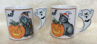 Set Of 2 Vtg Halloween Ghost Handle Mugs,  Witch/black Cat W/jack - O - Lantern