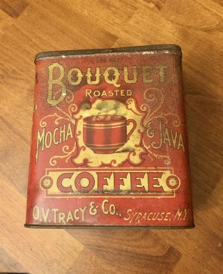 Rare Antique Tin Can Bouquet Roasted Coffee 1lb O.  V.  Tracy & Co Syracuse Ny