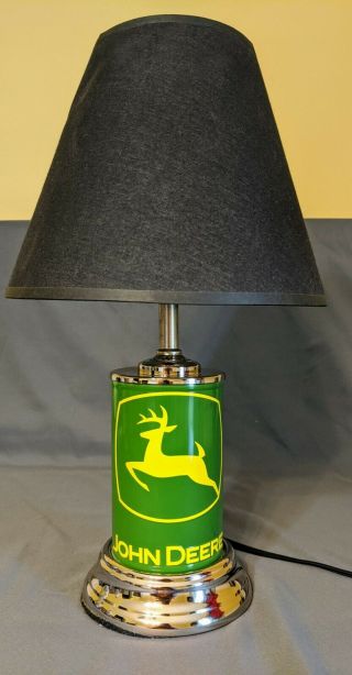 John Deere Green Tin Can 18 " Table Lamp With Grey Fabric Shade Nightstand Lamp