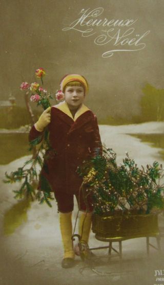 Vintage Christmas Real Photo Postcard Boy Sled Tree Holly Hand Tinted Paris