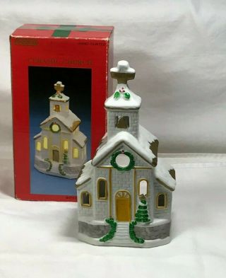 Hand Painted Ceramic Church Candle Holder White W/gold & Green Trim Box