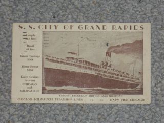1930s Advertising Postcard: S.  S.  City Of Grand Rapids Cruise Steamship Chicago