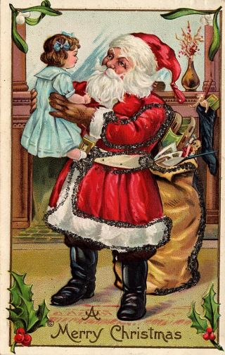 Antique Christmas Postcard Santa Little Girl Blue Dress Toys Glitter