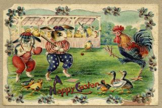 Antique Postcard Easter Bunny Rabbits And Rooster Playing Baseball