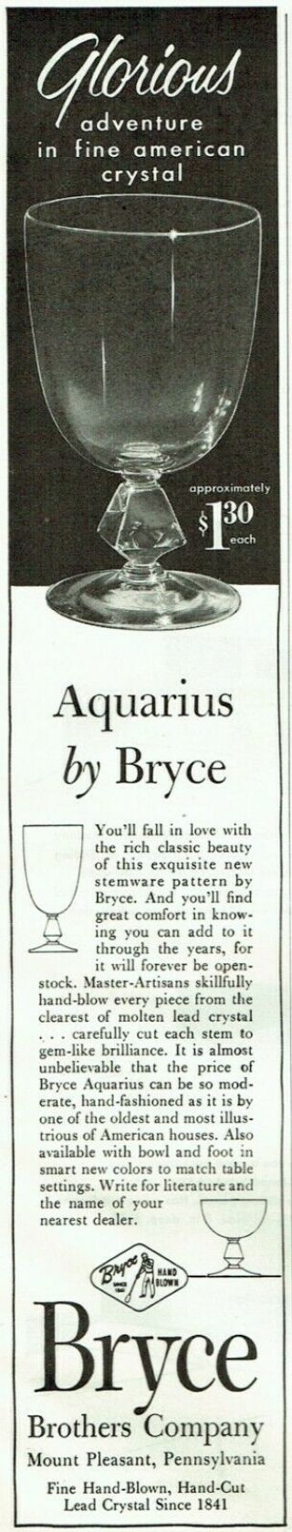 Bryce Brothers Aquarius Pattern Fine American Lead Crystal Glass 1952 Print Ad