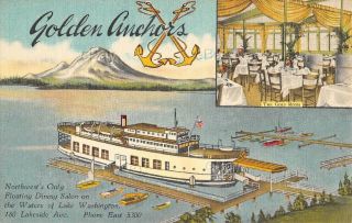 Vintage Postcard Golden Anchors Lake Washington Floating Restaurant Seattle Wash