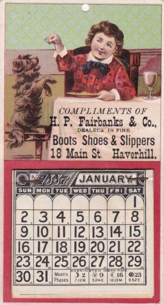 1887 Calendar H P Fairbanks & Co Shoe Store Haverhill Ma Boy Feeds Dog 6 X 3.  25 "