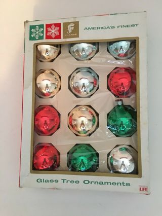 Box Of 12 Vintage Christmas Tree Glass Ornaments 2 1/4 " Franke Usa Mixed Colors