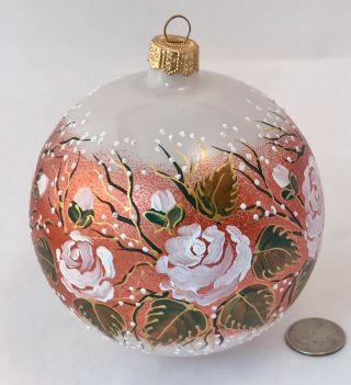 Christmas Ornament Art Bulb Hand - Painted Pink Roses Large Glass 4 1/8 "