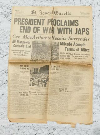 Vintage August 15 1945 Newspaper President Proclaims End Of War With.  Wwii S