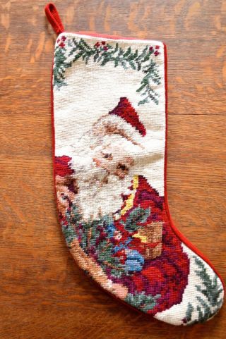 Vintage Hand Needlepoint Christmas Stocking Santa Claus Wool Linen & Velvet
