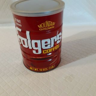 Vintage Folgers Coffee Can Metal With Lid 16 Oz Made In U.  S.  A.  Good Pre - Owned