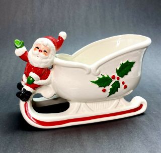Cute Vtg Santa & Sleigh Ceramic Planter Candy Bowl Christmas Decoration Japan