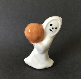 Halloween Ceramic Mini Ghost Holding Pumpkin Hand Crafted Painted Vintage Decor
