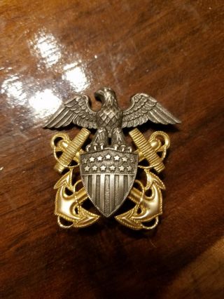 Wwii Us Navy Officer Insignia Visor Hat Badge Gold Sterling Frame Cap Ww2