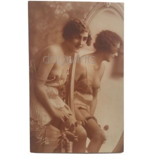 Vintage Semi - Nude Lady Stockings Mirror Real Photo C1920 France Leo 58