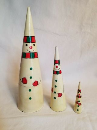 Vintage Wood Cone Shaped Snowman Nesting Dolls Three Total
