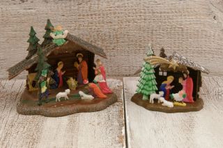 2 Vintage Nativity Scenes Small Hard Plastic With Glass Glitter Hong Kong