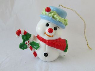 Vintage Spaghetti Bone China Snowman With Candy Cane Christmas Figurine Ornament