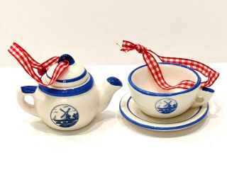 Delft - Style Ceramic Christmas Ornaments Windmill Design Tea Cup/saucer &tea Pot