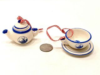 Delft - style Ceramic Christmas Ornaments Windmill Design Tea Cup/Saucer &Tea Pot 2