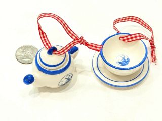 Delft - style Ceramic Christmas Ornaments Windmill Design Tea Cup/Saucer &Tea Pot 3