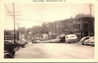 Main Street Pennington Gap Va Bus Terminal Old Cars Vintage Postcard B6