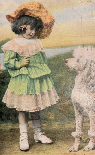 Victorian Little Girl W Hat & Standard Poodle Dog Vintage C1901 Postcard