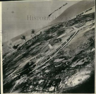 1943 Press Photo Aerial View Of Bombing Raid Over Japanese Base On Kiska,  Wwii