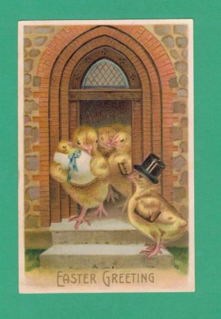 Vintage Easter Postcard Chicks Top Hat Church Baby - Chick In Egg Shell Baptism