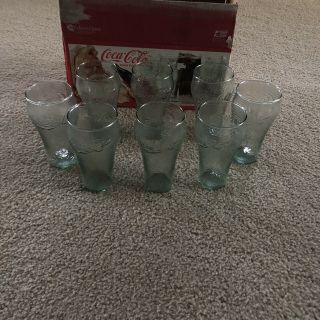 Coca Cola - Set Of 8 Bell Glasses - Green Textured - And Coke Coasters