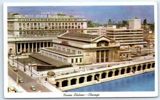 Postcard Il 1959 Chicago Union Station Aerial View Old Cars A1
