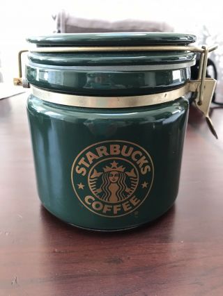 Starbucks Green Ceramic Coffee Canister W/gold Mermaid Logo