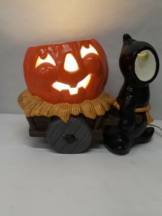 Vintage Earthenware Ghost Pulling Hay Wagon Pumpkin Plug - In/ Night Light