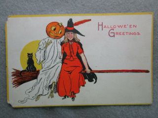 Antique Halloween Greetings Witch,  Pumpkin Head,  Black Cat On Broom Postcard