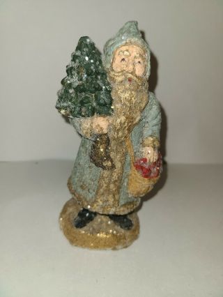 Vintage Blue Belsnickle Santa Father Christmas With Tree And Bag Glitter Snow
