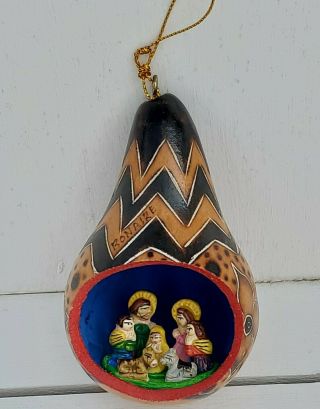 Christmas Ornament Gourd Nativity Scene Diorama Signed Bonaire Folk Art 4 "