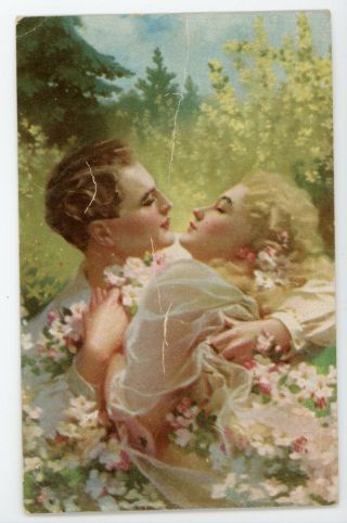Classical Romantic Couple Embracing In Flowers.  Vintage Valentine 