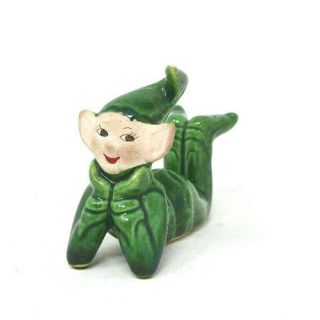 Vintage Green Pixie Elf Laying On Belly Ceramic 3 Inches Long