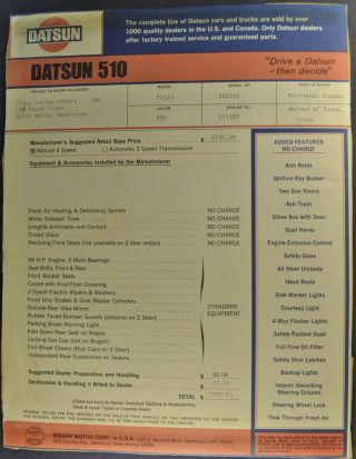 1971 Datsun 510 4 - Door Sedan Window Invoice Nissan 71