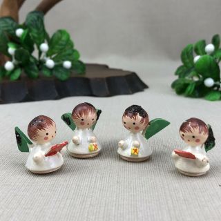 Set Of 4 Vintage Miniature Wooden Angels Made In Italy Tiny Figures